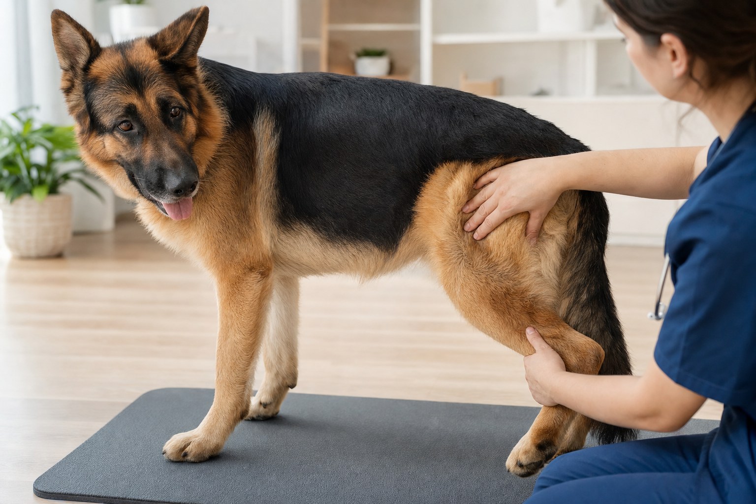 Hands-on canine rehabilitation assessment during an in-home consultation