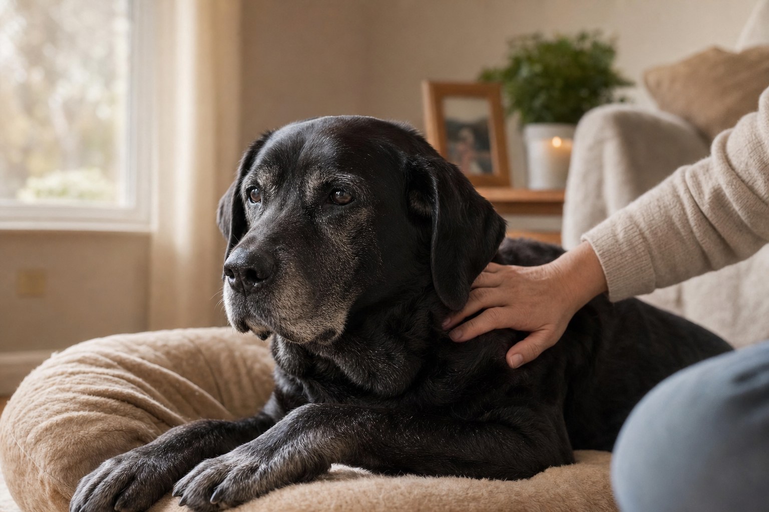 Senior dog receiving comforting palliative care at home