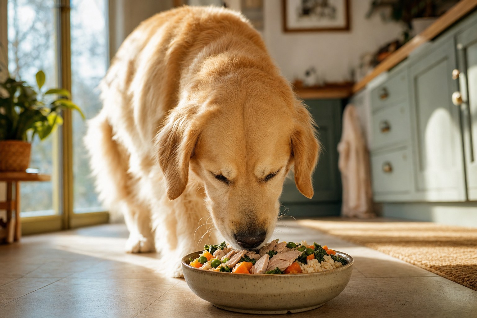 Golden Retriever enjoying a fresh TCVM food therapy meal