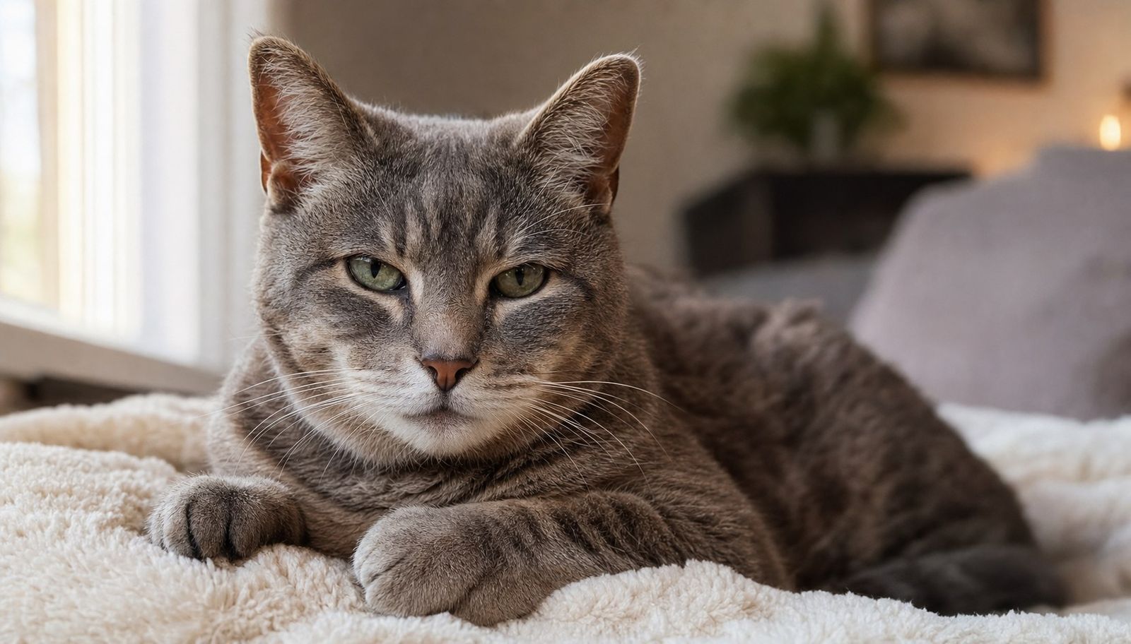 Senior domestic shorthair cat resting comfortably at home
